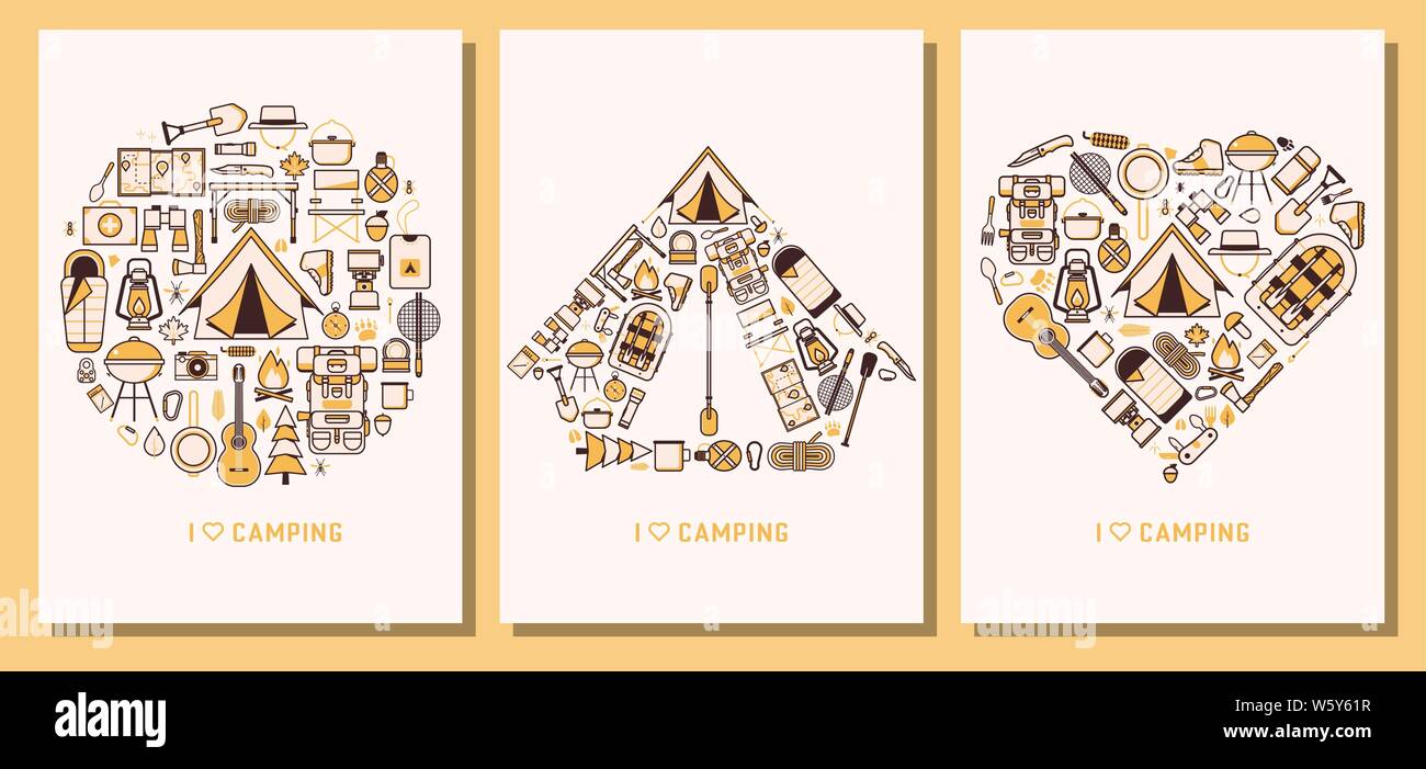 J'aime le camping et la randonnée pédestre Cartes de ligne Illustration de Vecteur