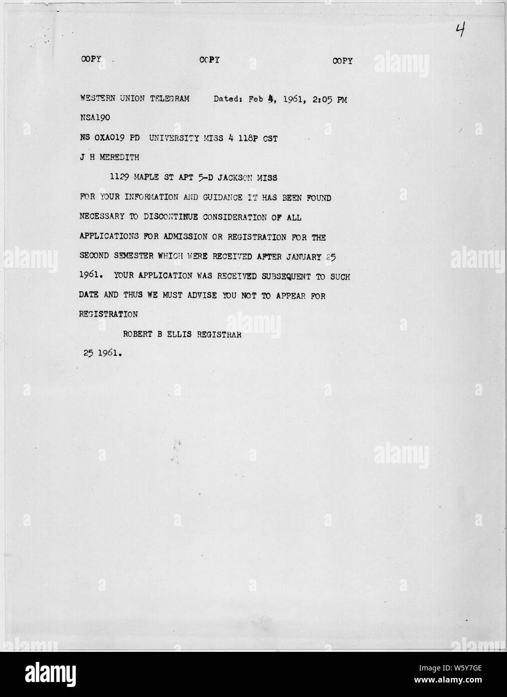 Télégramme à James Meredith 4 Février, 1961 ; Portée et contenu : télégramme à James Meredith concernant son application à l'Université du Mississippi. Notes générales : Kennedy,John F. Banque D'Images