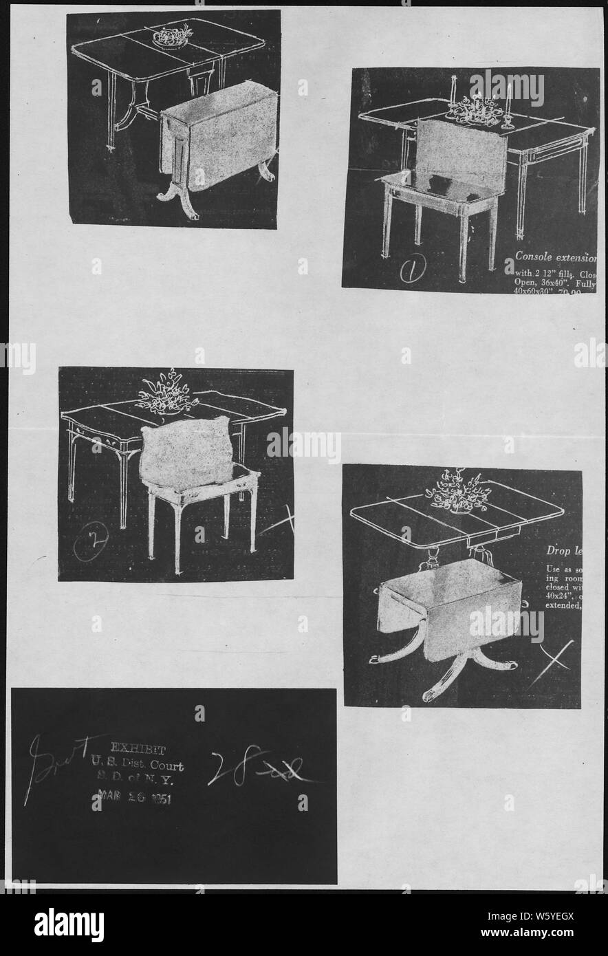 U.S. vs. Julius et Ethel Rosenberg et Martin Sobell, gouvernement, pièce 28, photo d'une table console ; la portée et contenu : David et Ruth Greenglass réclamé les Russes avaient vu l'un Rosenberg table console équipé pour le microfilmage des documents volés. À la barre des témoins Julius a témoigné qu'il avait acheté le tableau chez Macy's pour environ 21 $. La table n'a pas pu être localisé pour le procès, et cette photocopie d'une pièce de mobilier similaire a été déposé en preuve. Banque D'Images