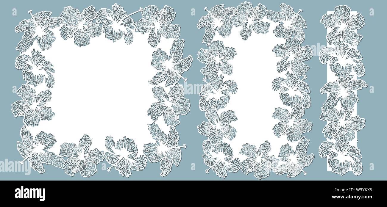 Modèle de coupe au laser et traceur. Fleurs, feuilles pour la décoration. Vector illustration. Ensemble autocollant hibiscus. plotter et sérigraphie. sw Illustration de Vecteur