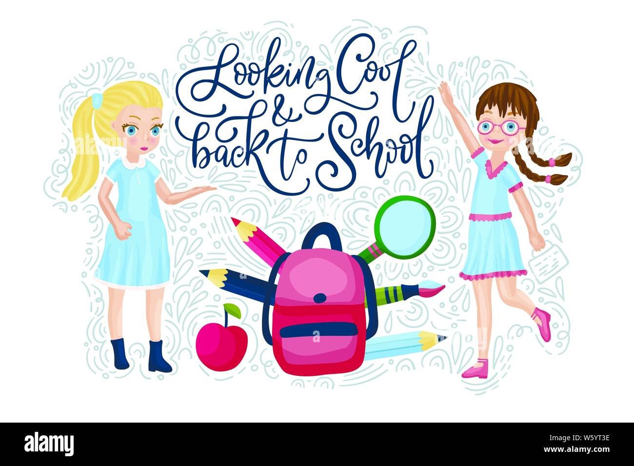 Carte scolaire vecteur avec télévision et doodle illustrations et lettrage dessiné à la main. À la cool et retour à l'école. Les filles heureuse avec bah et fournitures. Illustration de Vecteur
