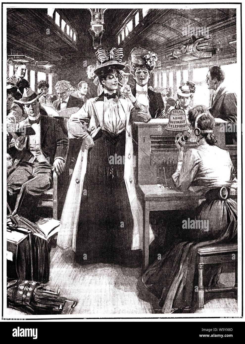 1890s 1900s ILLUSTRATION FEMME APPELANT SUR TÉLÉPHONE ÉQUITATION SUR EXPRESS PASSENGER TRAIN CHEMIN DE FER - o5545 CPC001 STYLE HARS JEUNES ADULTES D'ÉQUIPE COMMUNICATION DE LA TECHNOLOGIE DE L'INFORMATION MODE DE VIE VACANCES RAILROAD JOIE HISTORIQUE APPEL FEMMES SANTÉ DES PASSAGERS PASSAGERS DE LUXE PLEINE LONGUEUR D'AMITIÉ Chers hommes PERSONNES PARLER APPELANT B&W TRANSPORT FERROVIAIRE SUCCÈS SWITCHBOARD OPERATOR BONHEUR LOISIRS CONTACT SERVICE À LA CLIENTÈLE STRATÉGIE STYLES EXCITATION PROGRÈS DES CONNAISSANCES RÉSEAUX VOIX LOISIRS VACANCES AUTORITÉ INNOVATION HIGH TECH 19ème siècle connexion téléphones connectés Banque D'Images