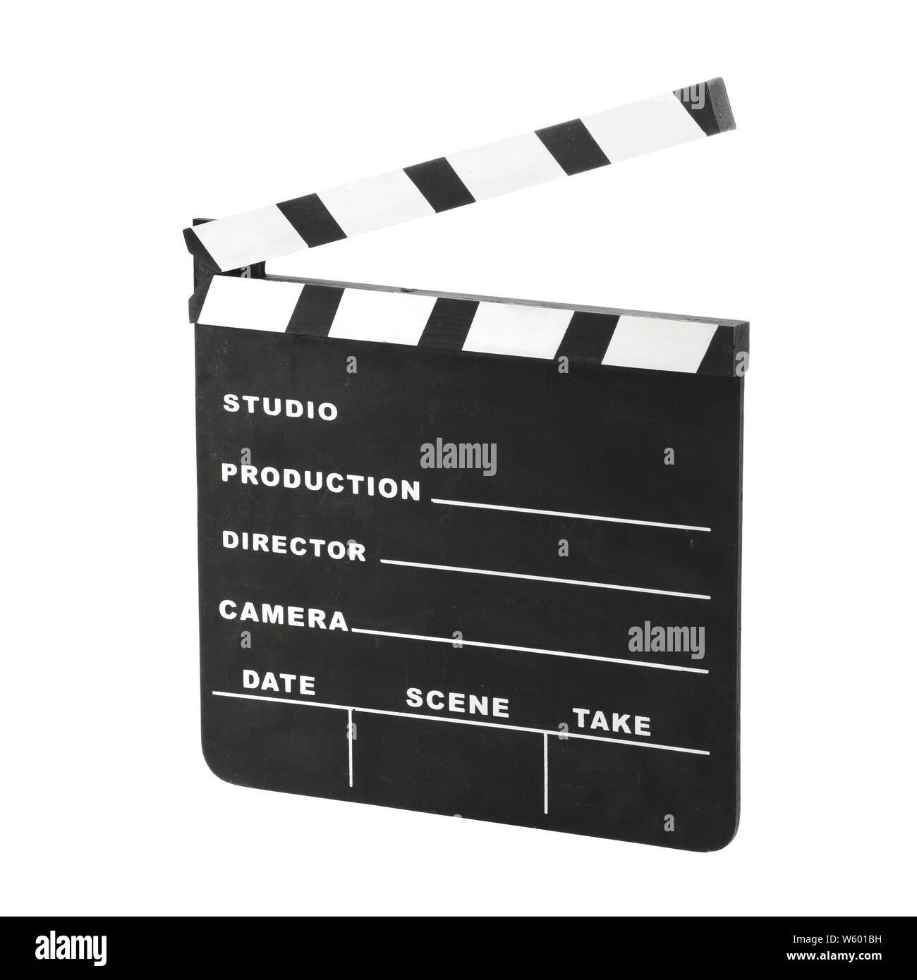 Hollywood classique à angle ouvert chalk clap droit isolé sur un fond blanc avec clipping path Banque D'Images