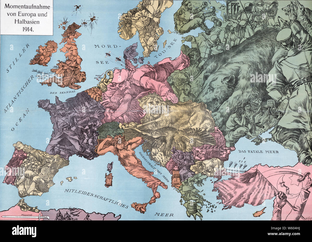 Imprimer montre une carte de l'Europe au moment de la Première Guerre mondiale, avec chaque pays décrits comme des caricatures de leurs militaires, les attitudes, ou les douanes, dans certains cas comme des civils ou des animaux, par exemple, l'Angleterre est représentée par un officier de l'armée à cheval sur un petit bulldog avec un serpent venimeux frappant par derrière, aussi avec de nombreux navires dans le remorquage ; Banque D'Images