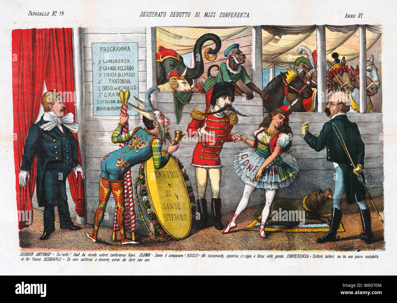 Caricature politique italien montre les artistes de cirque se prépare à mettre sur un spectacle, the ringmaster 'Signor Antonio', marqués 'Autriche', annonce que le public est en attente, un clown avec une cloche est étiqueté "Francese", il est penché sur un petit trampoline marqués 'Trattato di Santo Stefano', le leader du groupe marqués 'Russ' est de flirter avec une jeune femme nommée 'Conferenz', qui tenant une cravache, un chien couché à ses pieds est étiqueté "Turco", et Otto von Bismarck, comme le lion tamer, est debout sur la droite. Banque D'Images