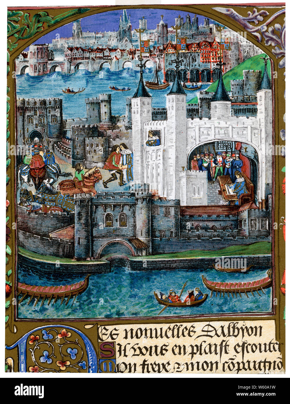 Charles d'Orléans, Poésie: Charles d'Orléans, Poésie; Pseudo-Heloise, Episches; 'les revendications d'amours'; 'le livre dit Grace entiere', c1450-99. Charles d’Orléans (d1465), capturé à la bataille d’Agincourt en 1415, a passé 25 ans en tant que prisonnier en Angleterre. Pendant ce temps, il a composé de nombreux poèmes et versets politiques. Ce manuscrit contenant une collection de ses oeuvres comprend cette illustration de la Tour de Londres, où Charles a passé beaucoup de ses années en prison. Ce panorama de Londres précède un poème français intitulé des Nouvelles d’Albyon (News from Albion). Banque D'Images
