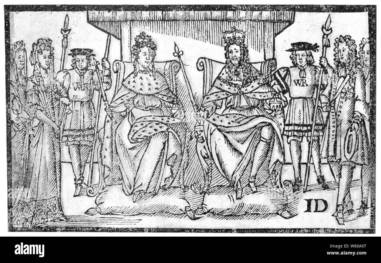 Joie Des Protestants, 1689. William et Marie se sont étronés. William et Marie se réfèrent à la corégie du roi William III et de la reine Marie II Les deux étaient héritiers du trône britannique : William était le seul enfant de William II, prince d'Orange et Marie, princesse d'Orange, fille du roi Charles I d'Angleterre; Marie était la fille aînée du duc de York, le futur roi James II et VII Banque D'Images