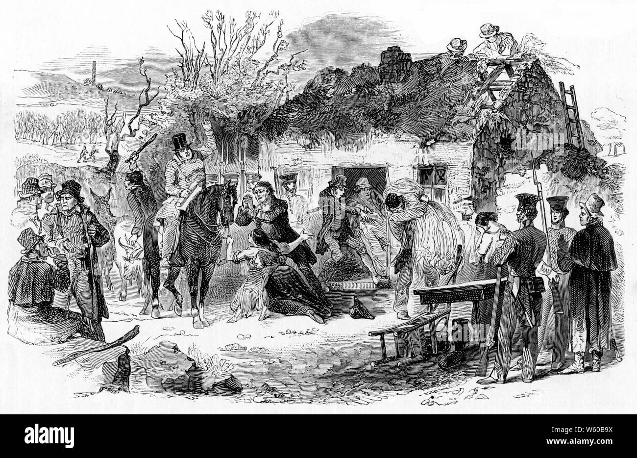 Ejectement des paysans irlandais: Un imprimé de 'The Illustrated London News', 1848. La famine irlandaise de la pomme de terre : les familles paysannes irlandaises ont été expulsées car elles n'ont pas pu payer leur loyer en raison de l'échec de la culture de la pomme de terre en raison de la Blight de la pomme de terre. La Grande famine, la grande faim ou la famine de la pomme de terre ont été une période de famine et de maladie en Irlande de 1845 à 1849. Banque D'Images