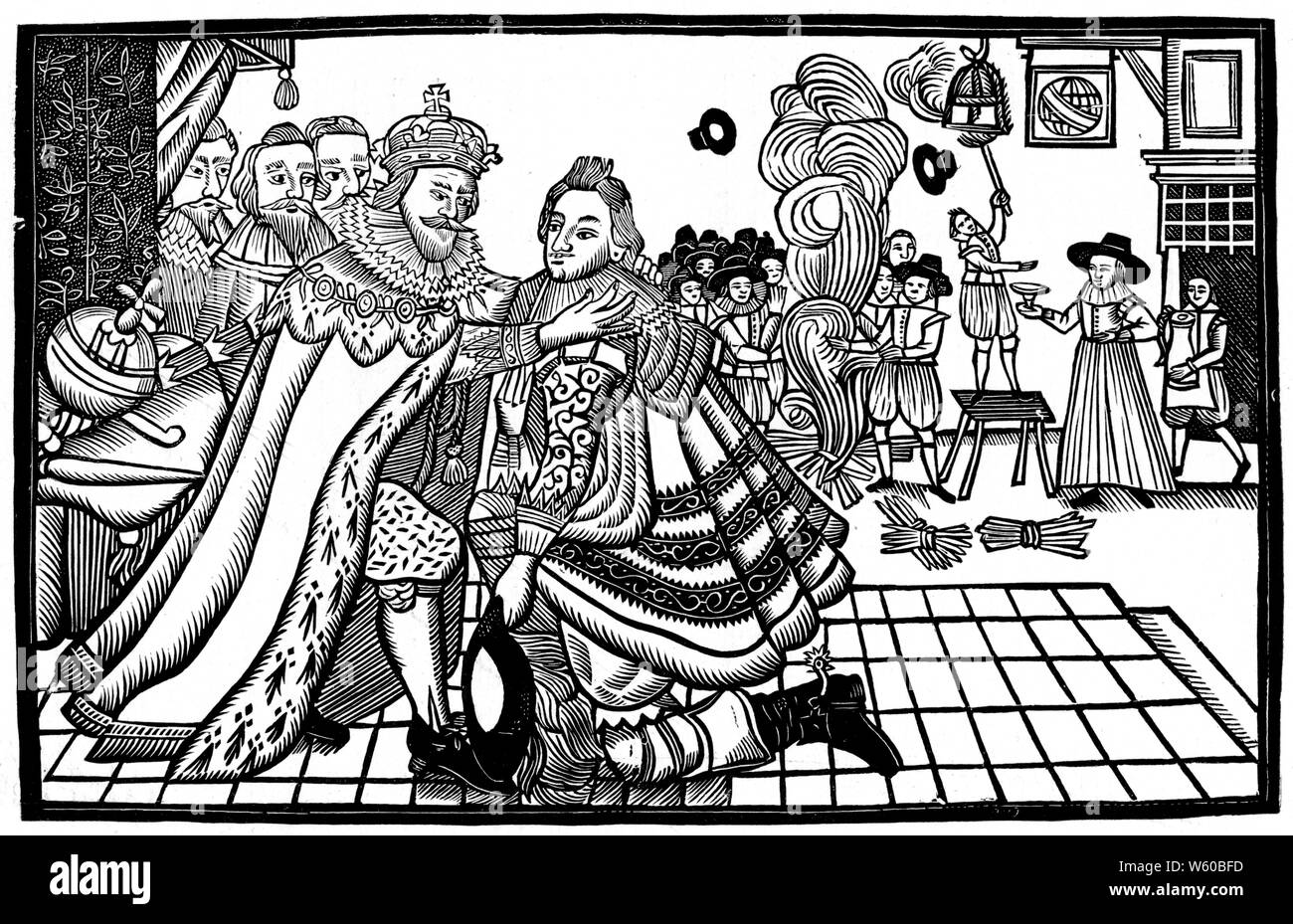 Maison de bienvenue du Prince Charles d'Espagne, 1623. Le prince Charles (1600-1649: Plus tard Chales I) accueilli par son père, James I (1566-1625), à son retour de l'Espagne. Le match espagnol était un mariage proposé entre le Prince Charles, fils du roi James I de Grande-Bretagne, et Infanta Maria Anna d'Espagne, fille de Philippe III d'Espagne. Banque D'Images