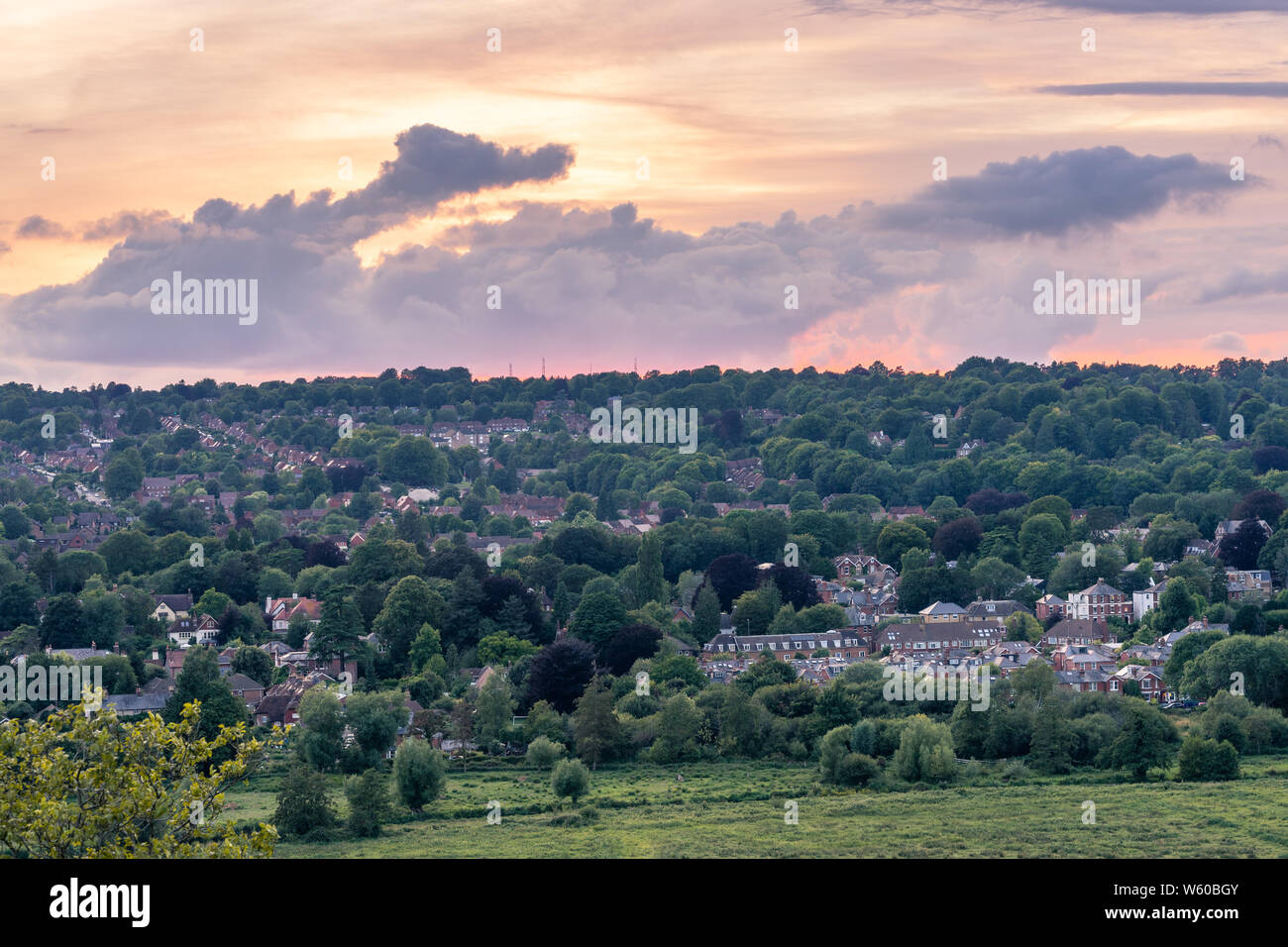 Vue panoramique de St Catherine Hill dans la ville de Winchester au cours d'une heure d'or coucher du soleil en été, rural Hampshire, England, UK Banque D'Images