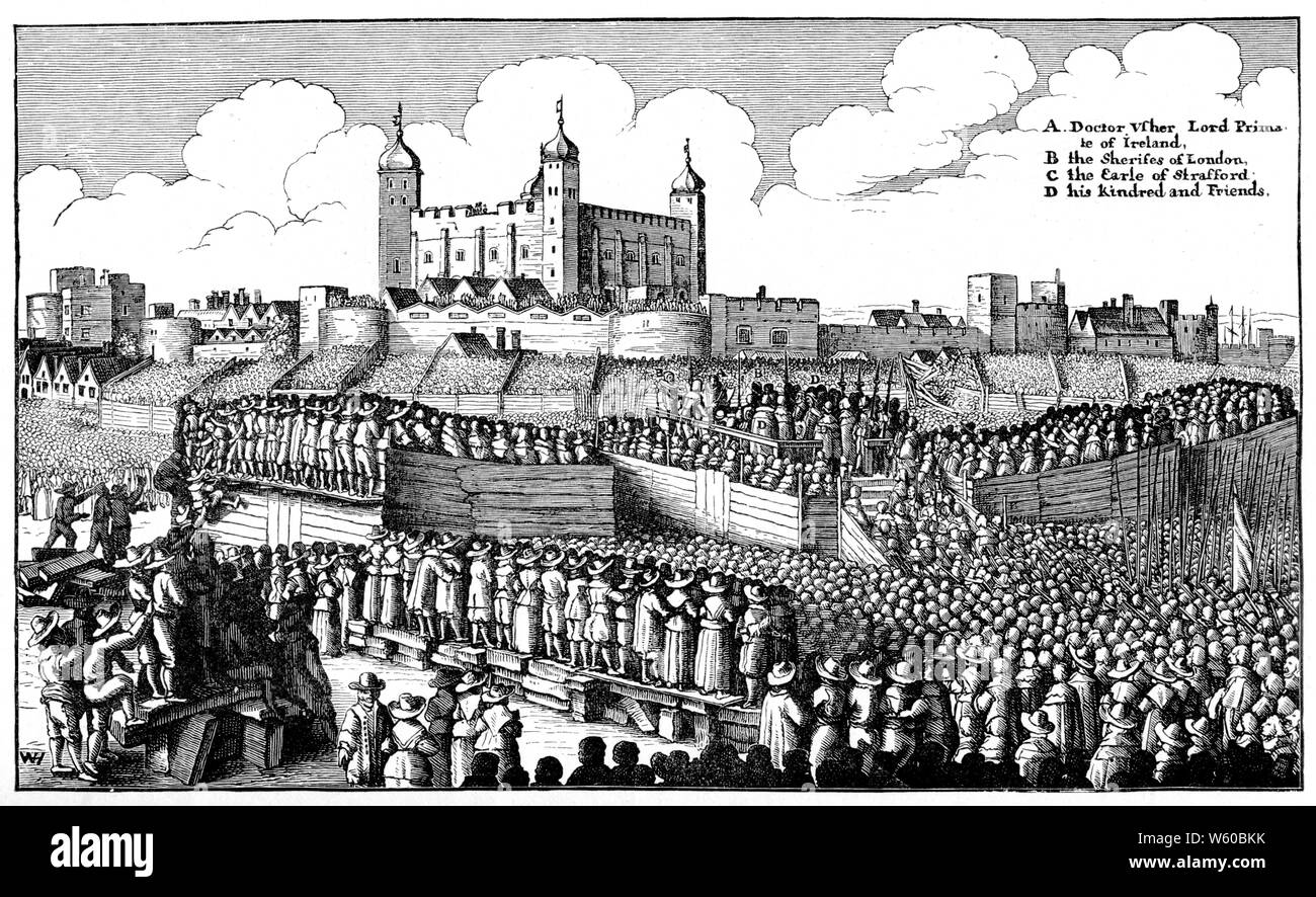 Exécution de Strafford, 1641. Après Wenceslaus Hollar (1607-1677). Thomas Wentworth, comte de Strafford (1593-1641), homme d'état anglais et figure majeure de la période précédant la guerre civile anglaise. Il a siégé au Parlement et était un partisan du roi Charles I. Lorsque le Parlement condamne à mort de Wentworth, Charles a signé l'arrêt de mort à contrecœur et Wentworth a été exécuté. Banque D'Images