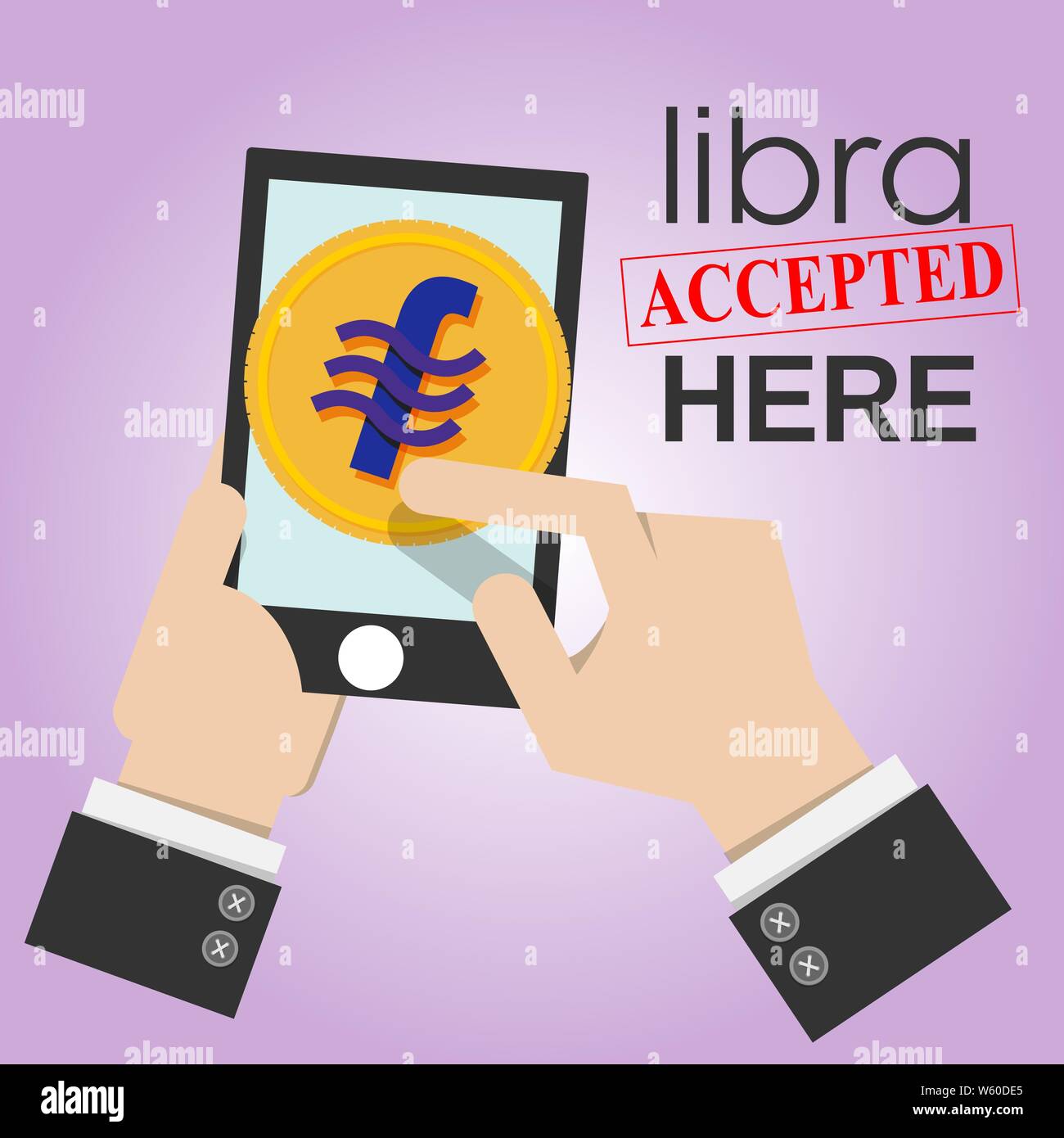 En smartphone business man part avec balance coin signe et mot libra accepté ici. libra concept de monnaie électronique Illustration de Vecteur