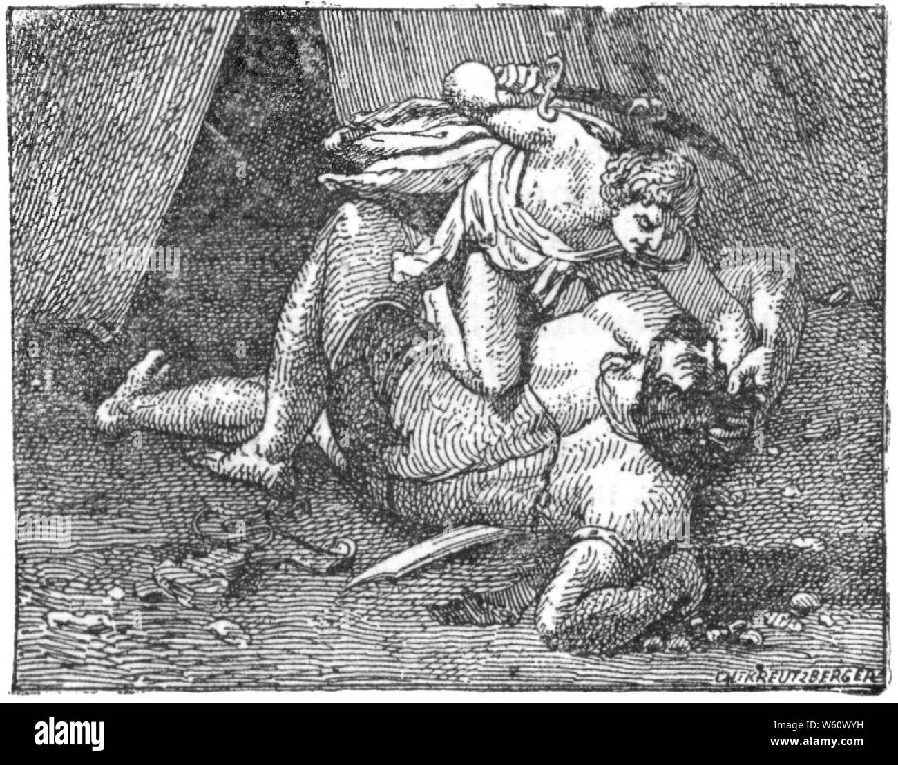 David et Goliath (Larousse - d'après Daniel de Volterre - 1 face) CH Kreutzberger. Banque D'Images