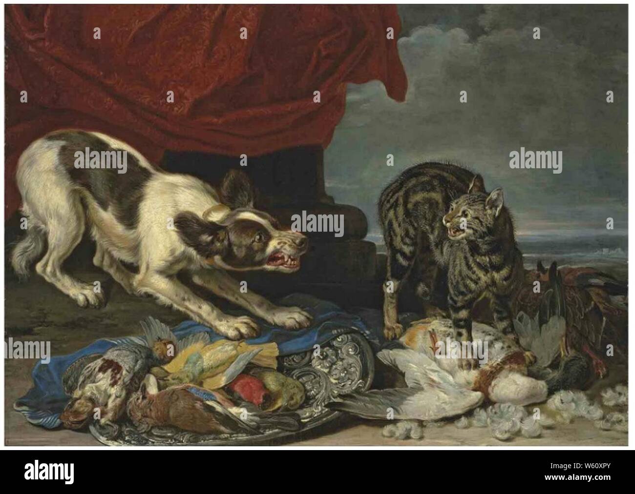 David de Coninck - un chat et un chien qui se battent pour la volaille d'une colonne avec rideau drapé paysage côtier et au-delà. Banque D'Images