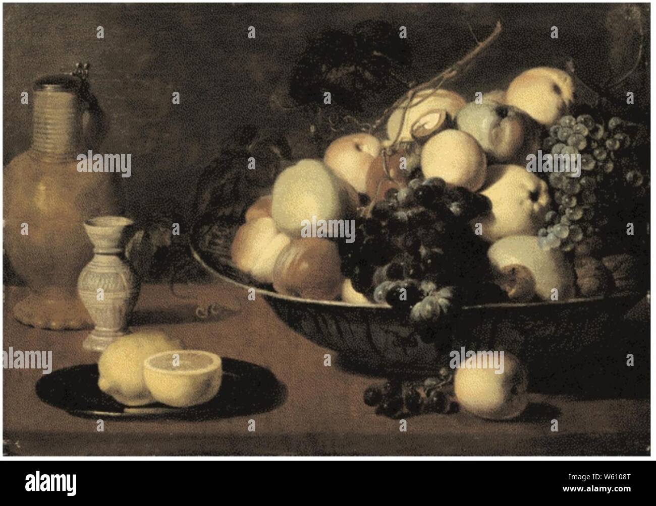 David Rijckaert (II) - un bol de fruits et une cruche en terre cuite sur une table. Banque D'Images