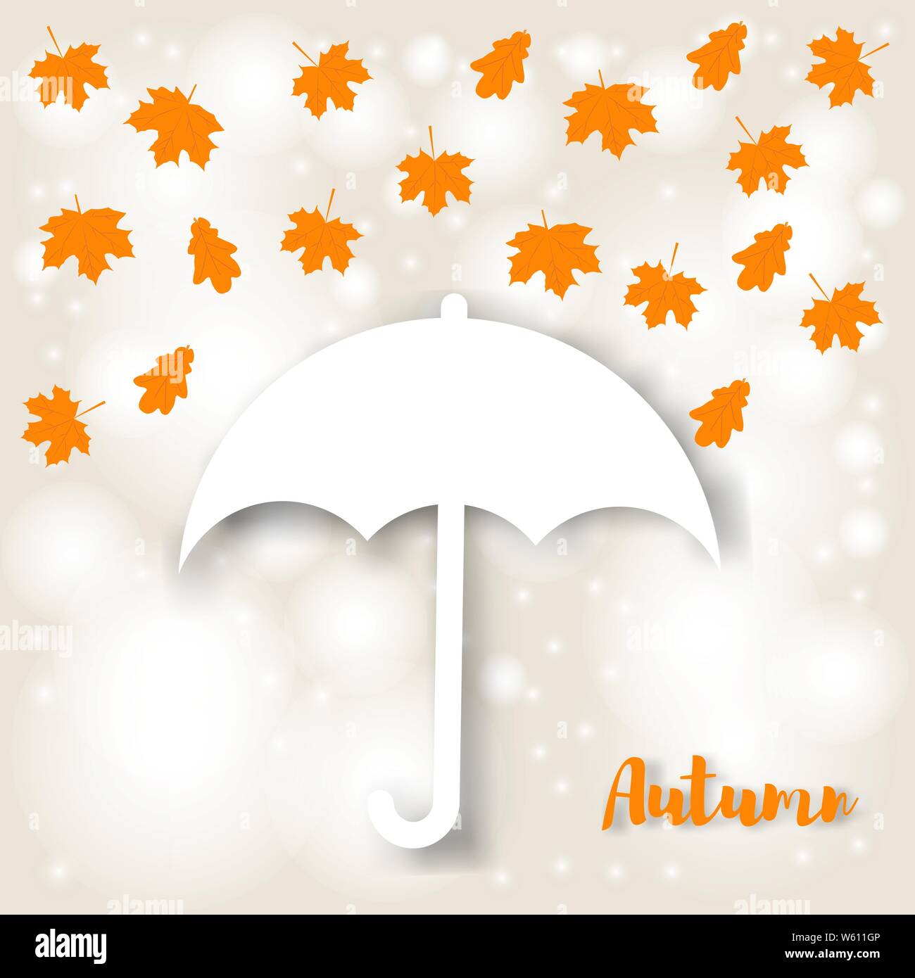 Vector illustration. Concept de l'automne. Parapluie blanc et la chute des feuilles d'érable jaune sur un fond beige avec lumière et bokeh Illustration de Vecteur