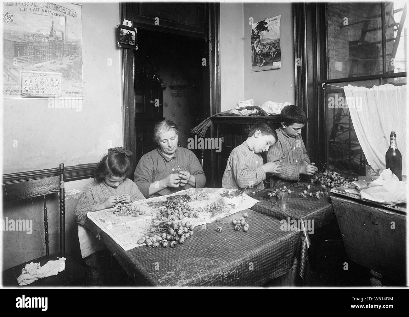 La famille Basso, faisant de roses en mal sale cuisine éclairé. Pauline, 6 ans, travaille après l'école. Peter, 8, travaille jusqu'à 20h00 Mike, 12 ans, jusqu'à 10 h 15 le père tient une boutique de chiffon. La ville de New York. Banque D'Images
