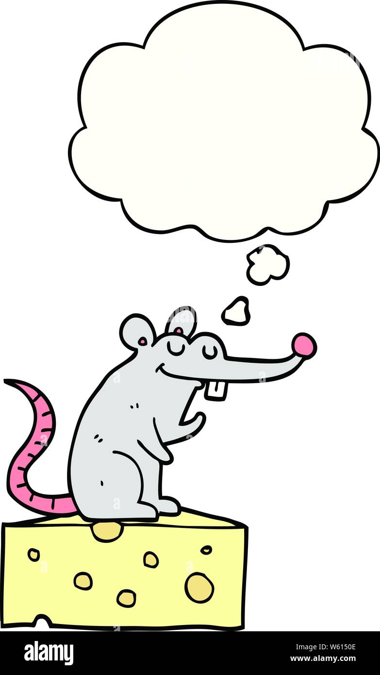 Souris cartoon assis sur fromage avec bulle pensée Illustration de Vecteur
