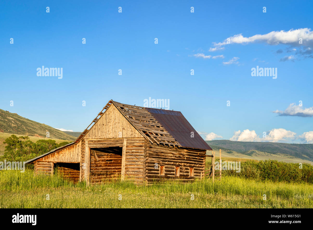 Ancienne, rustique, log barn dans les Montagnes Rocheuses du Colorado Banque D'Images