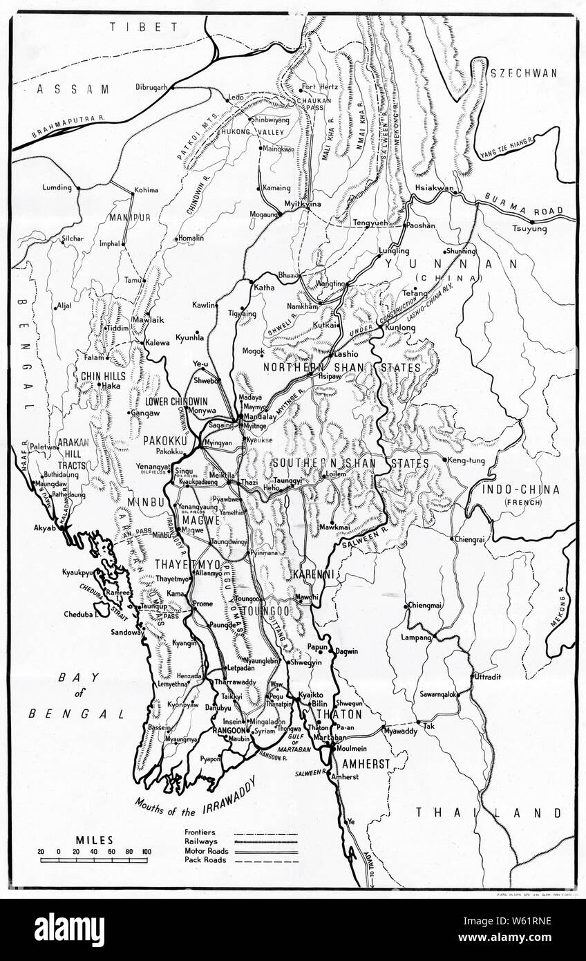 Birmanie - carte des frontières, chemins de fer, routes à moteur et routes à forfait Banque D'Images