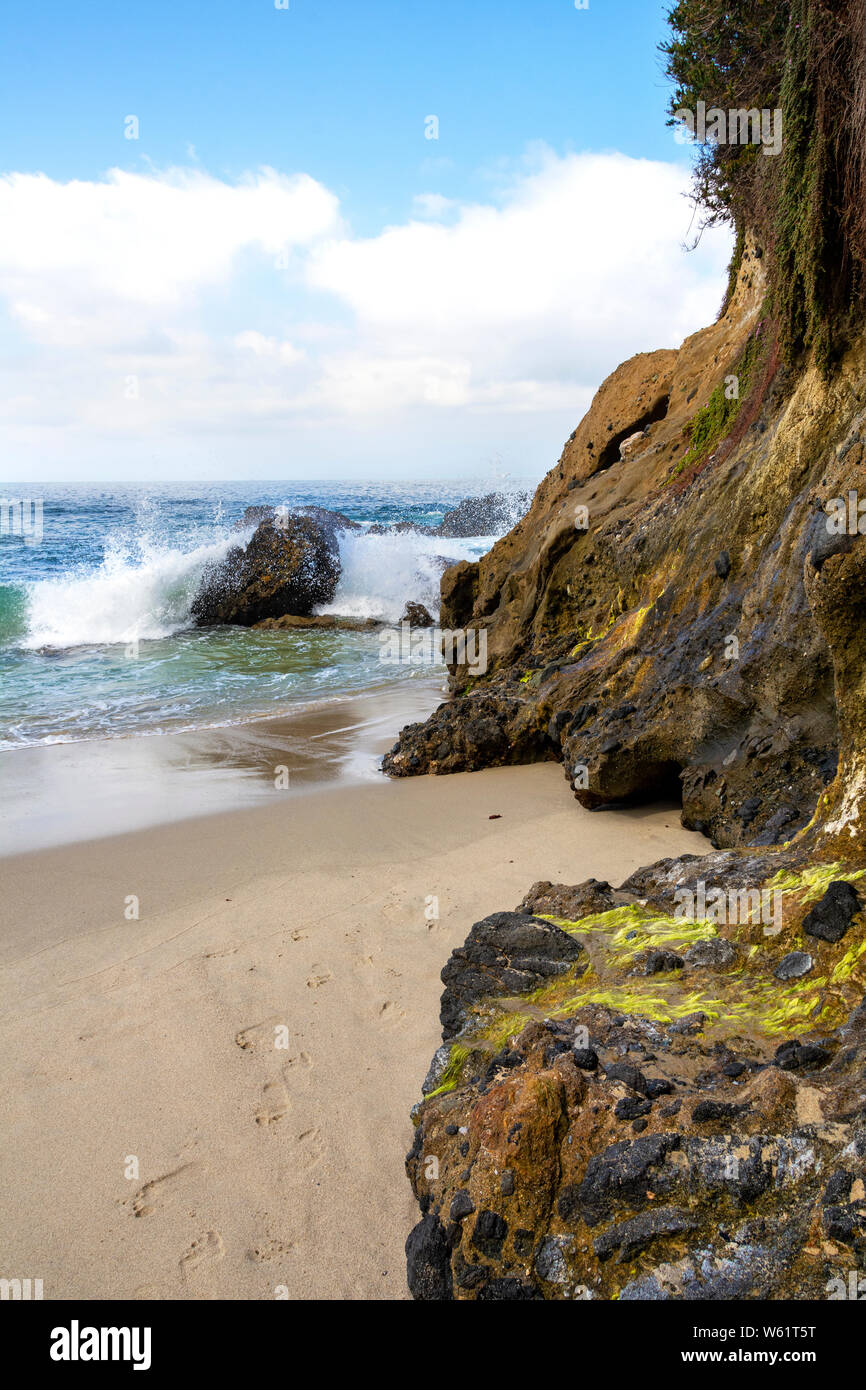 Des traces de pas dans le sable à marée basse. Mousse colorés et d'autres organismes vivants se développent sur la côte-nord de falaises de Wood's Cove, Laguna Beach, en Californie. Banque D'Images