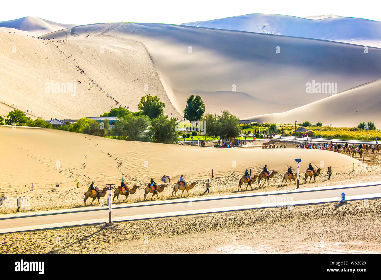 Les touristes monter des chameaux dans le désert de Gobi dans le Croissant de lune (Yueyaquan) et le chant des montagnes de sable dans endroit pittoresque ville de Dunhuang, dans les C Banque D'Images