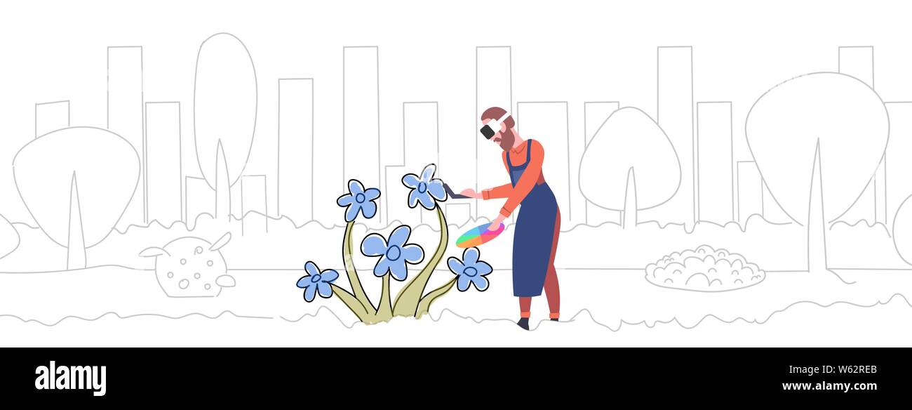 Homme portant des lunettes 3d contrôleur de portefeuille avec la palette de peintre de fleurs en dessin grâce à la réalité virtuelle technologie augmentée casque Illustration de Vecteur