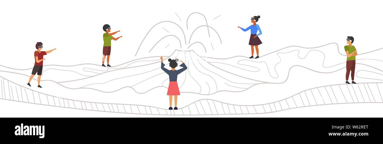 Mélanger la race des gens portant des lunettes 3D moderne hommes femmes à la réalité virtuelle à l'éruption du volcan dessiné à la main par vision numérique casque vr Illustration de Vecteur