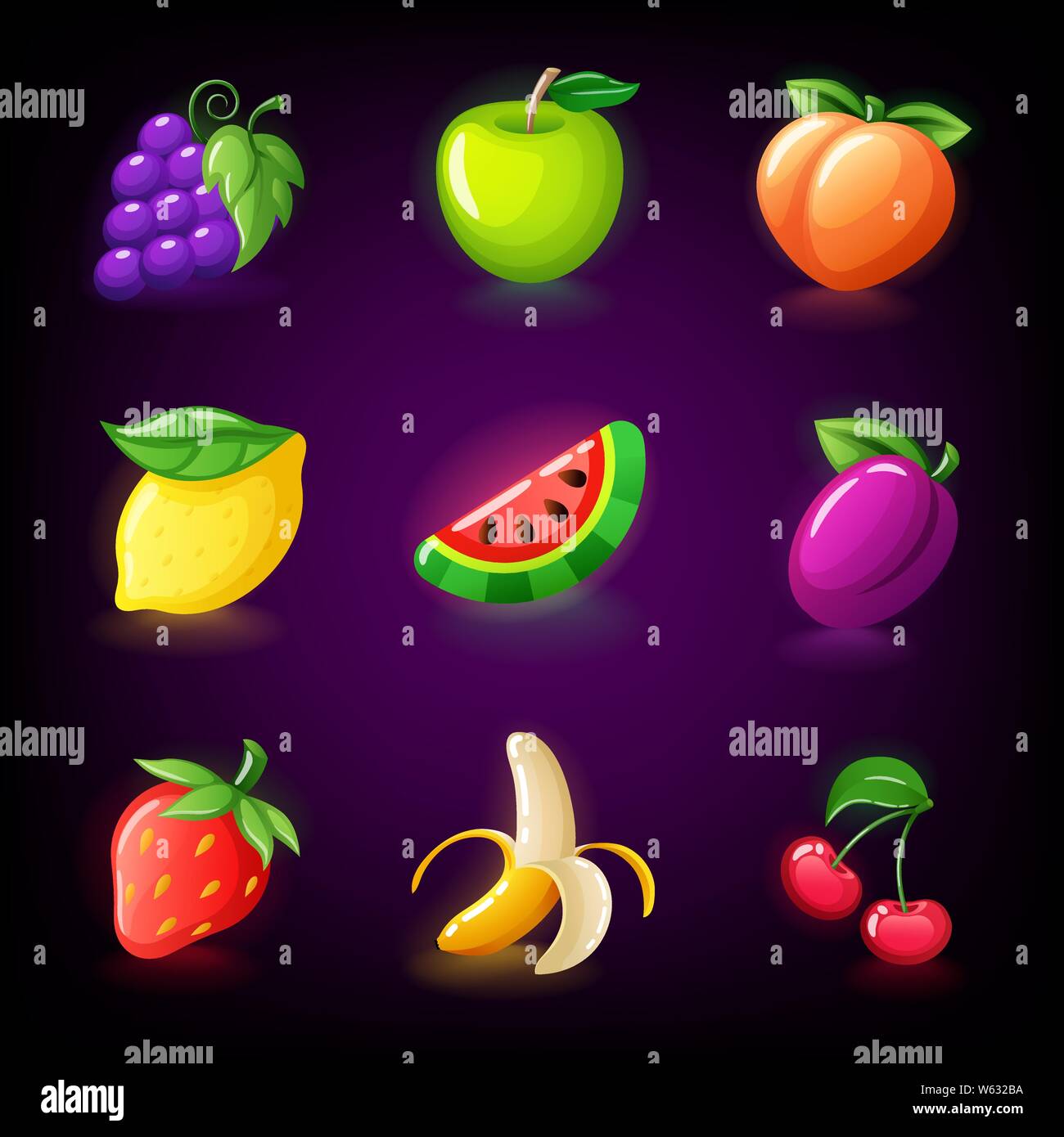 Emplacements de fruits colorés icon set pour le casino machine à sous, jeux de hasard, icônes pour mobile et jeux de puzzle arcade vector Illustration de Vecteur