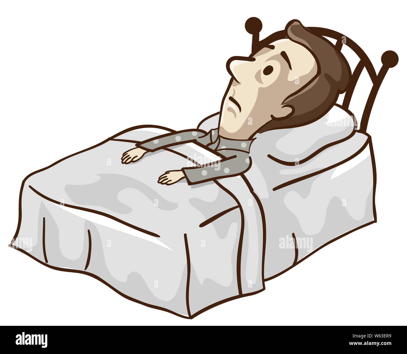 Illustration d'un homme avec une pression artérielle basse, couchée dans le lit de dormir la nuit et des sentiments d'agitation Banque D'Images