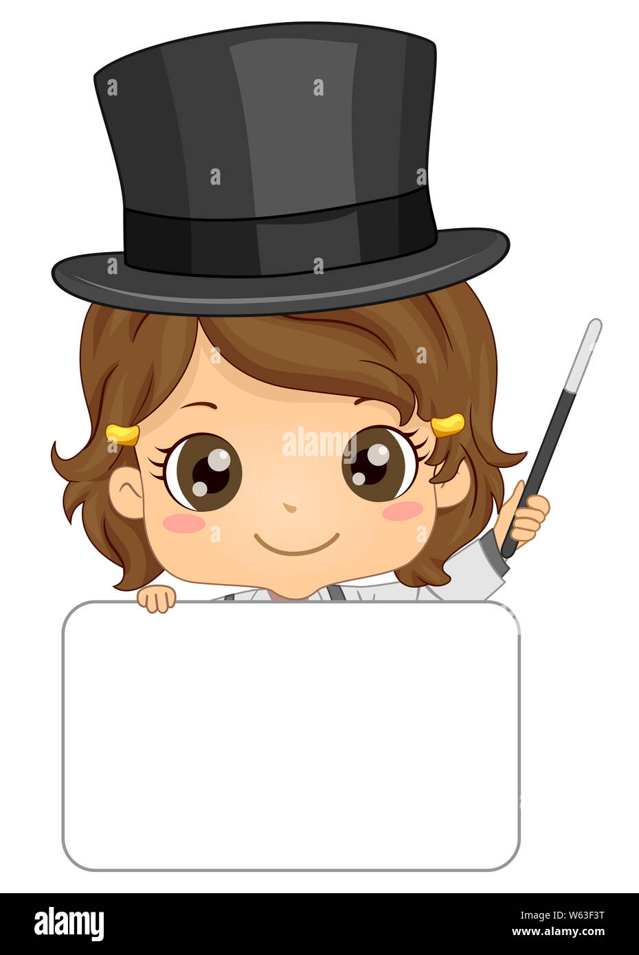 Illustration d'un Kid Girl Wearing Magician Hat et tenant un bâton et Blank Board Banque D'Images