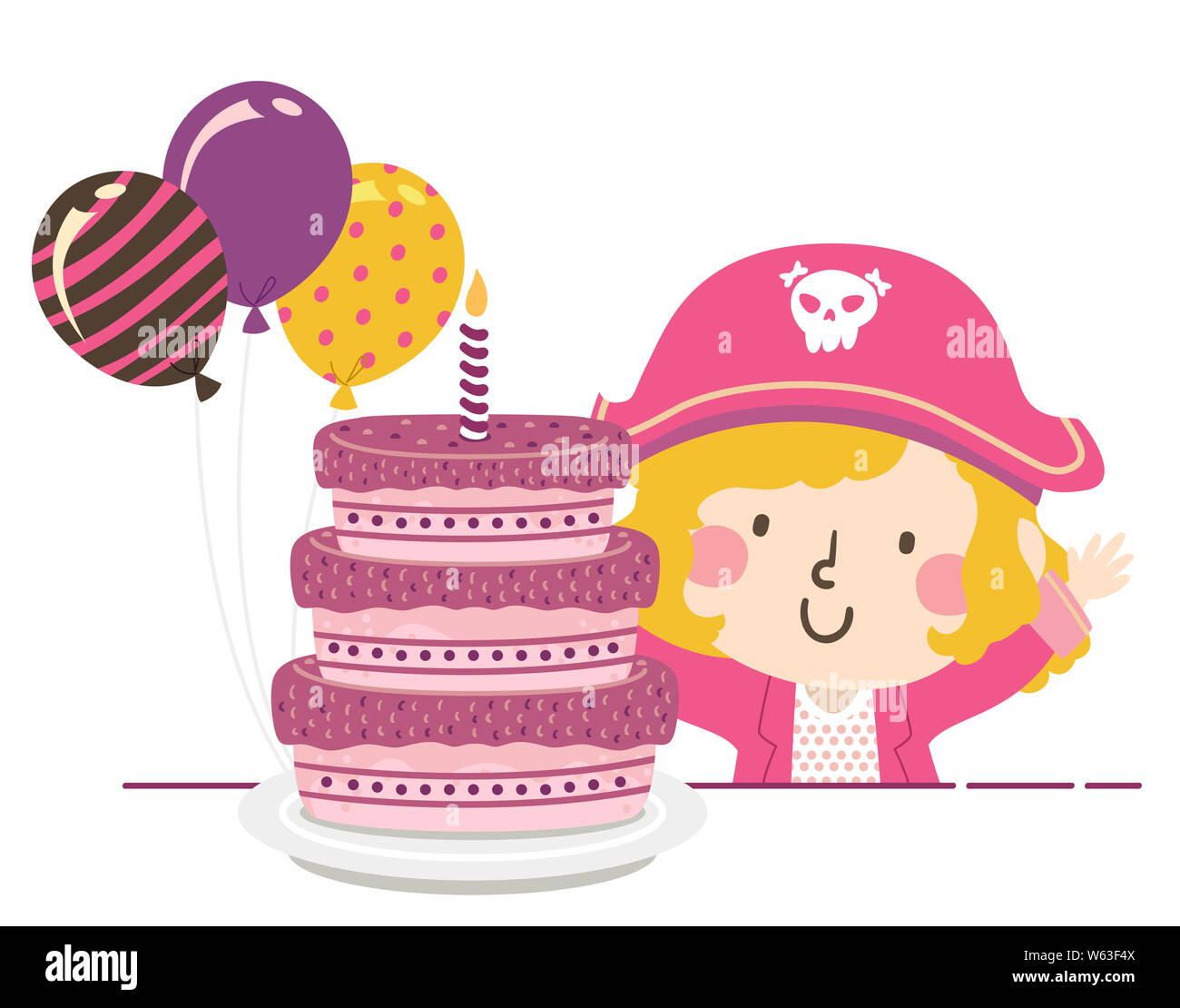 Illustration d'un enfant Pirate Girl Wearing Hat avec un gros gâteau, des bougies et des ballons Banque D'Images