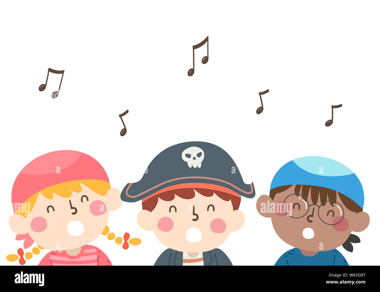 Illustration d'enfants portant le costume de pirate et le chant avec les notes de musique Banque D'Images