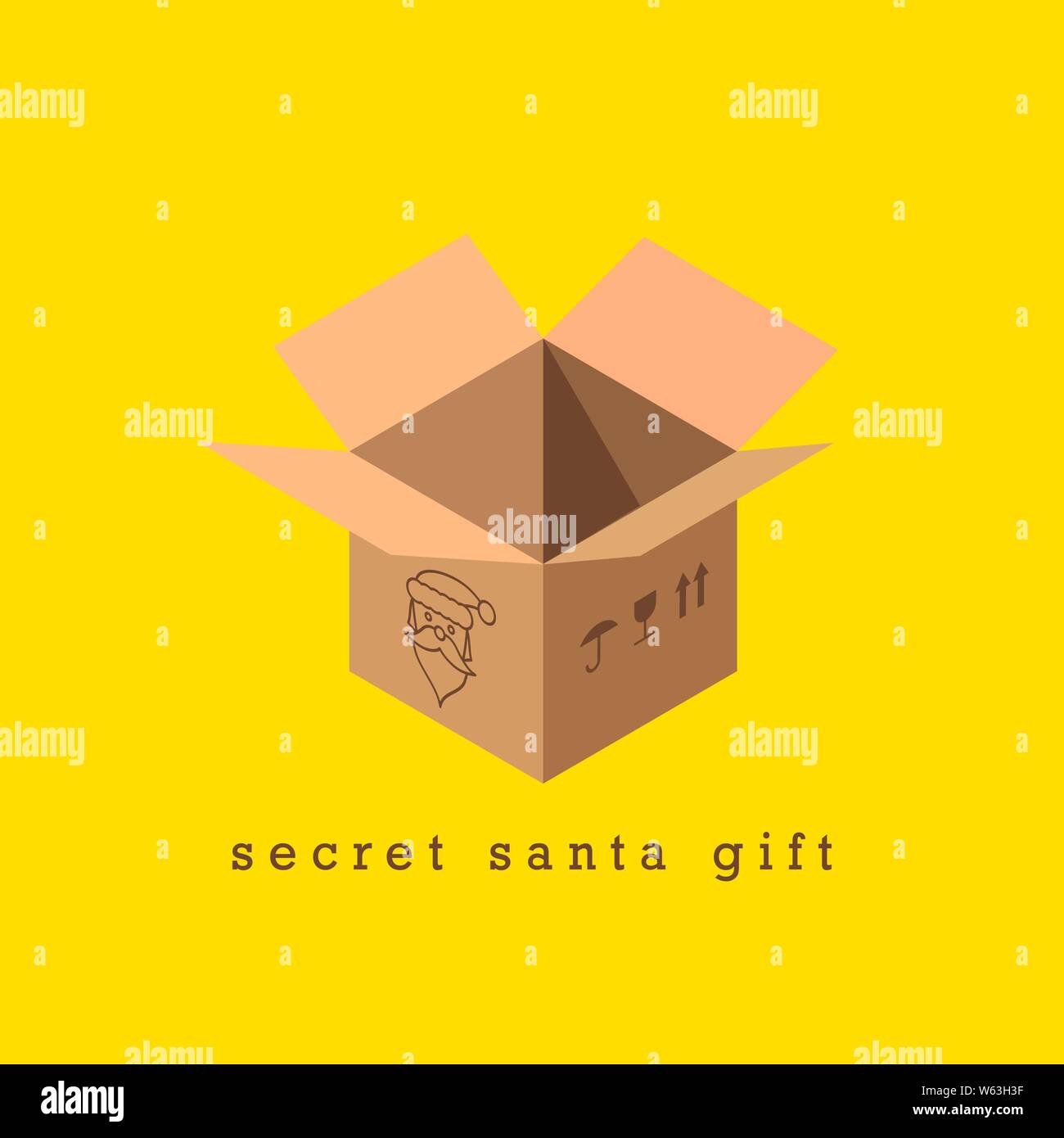 Paquet Ouvert, Secret Santa Gift. Boîte en carton est ouvert. Joyeux Noël et Bonne Année 2020, l'arrière-plan modèle. Carte de Vœux de Noël. Vector Illustration de Vecteur