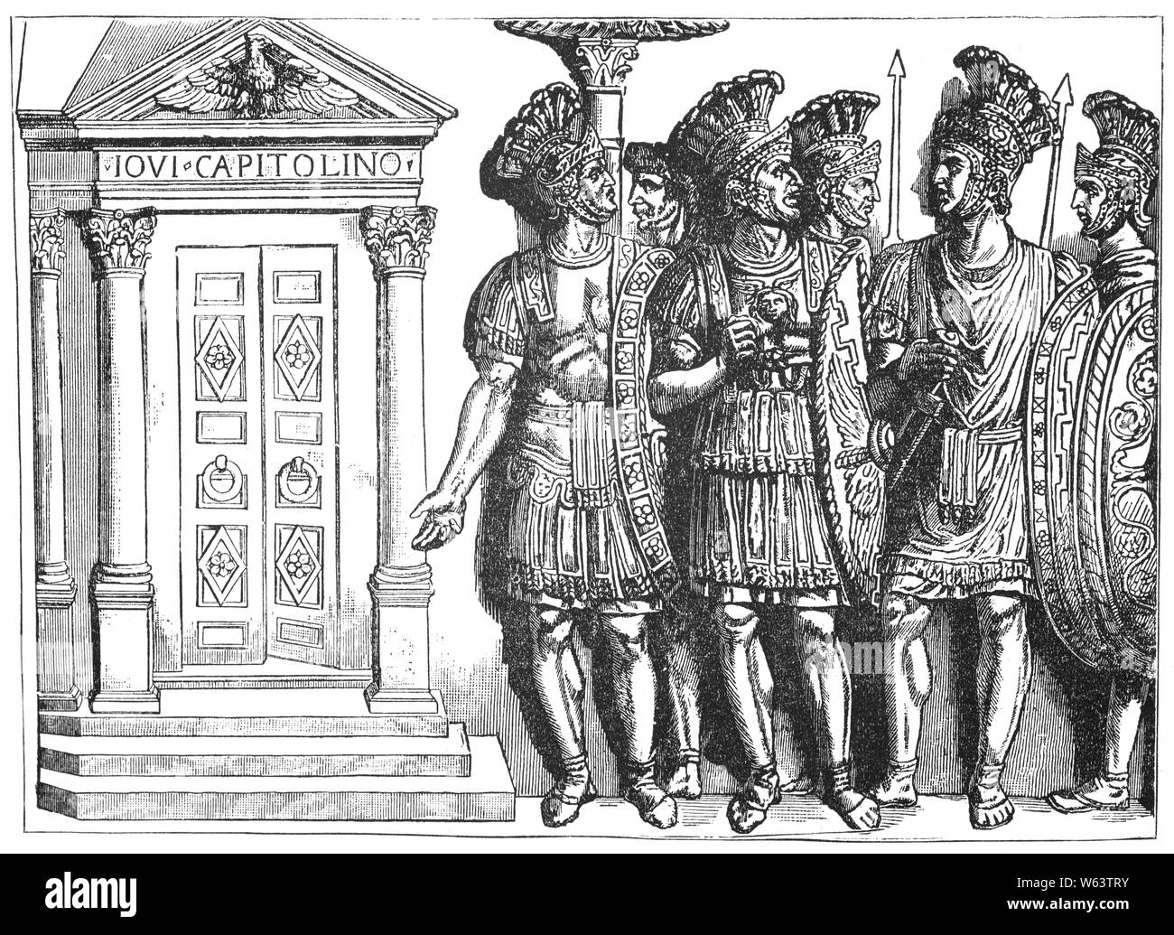 Un bas-relief de soldats romains. La caractéristique centrale de l'armée romaine de la République mi-, a été l'organisation de ses manipular ligne de bataille. Au lieu d'une seule grande masse (la phalange) comme dans le début de l'armée romaine, les Romains maintenant rédigé en trois lignes composé de petites unités (maniples) de 120 hommes, revêtus de la mode Échiquier, donnant une plus grande force tactique et la flexibilité. Cette structure a été probablement introduite dans c. 300 AV au cours de la guerre des Samnites. Banque D'Images