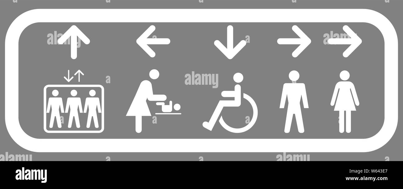 Système de signalisation intérieure pour ascenseur et pour salles de bain : les femmes, les hommes, les personnes handicapées, les changements de couche toilettes Illustration de Vecteur