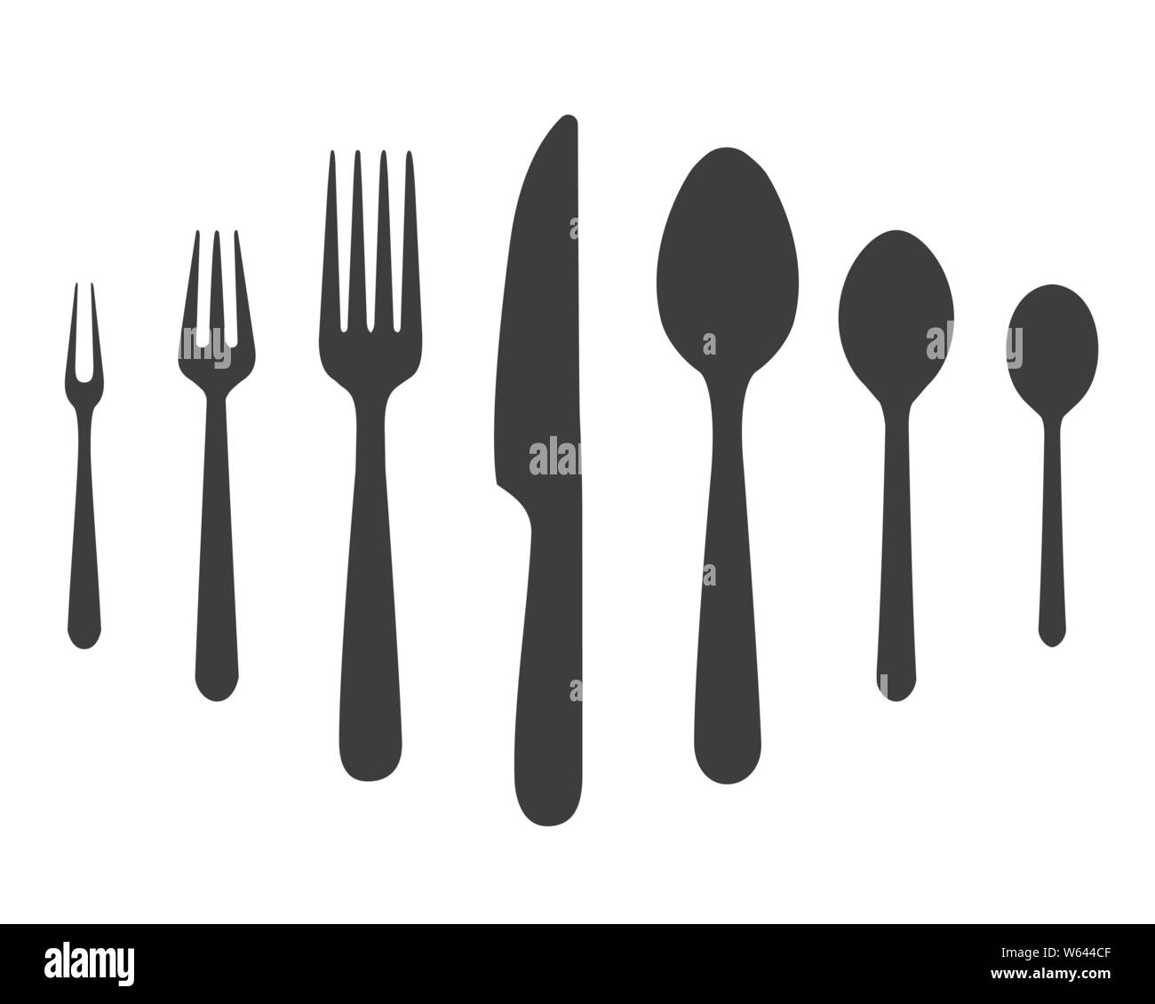 Couteau Fourche spoones Vector silhouettes noires. Différentes tailles de cuillère, fourchette, couteau de table icônes isolé sur fond blanc, qui sert de table, de l'image Illustration de Vecteur