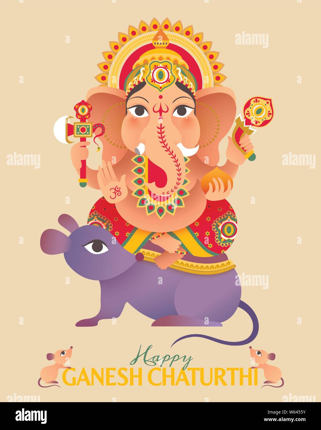 Festival de Ganesh Chaturthi belle dieu indien Ganesha assis sur des souris géantes Illustration de Vecteur