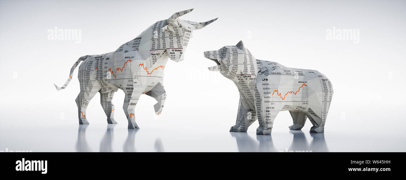 Bas style papier poly Bull and Bear - illustration 3D - Bulle und Bär Banque D'Images