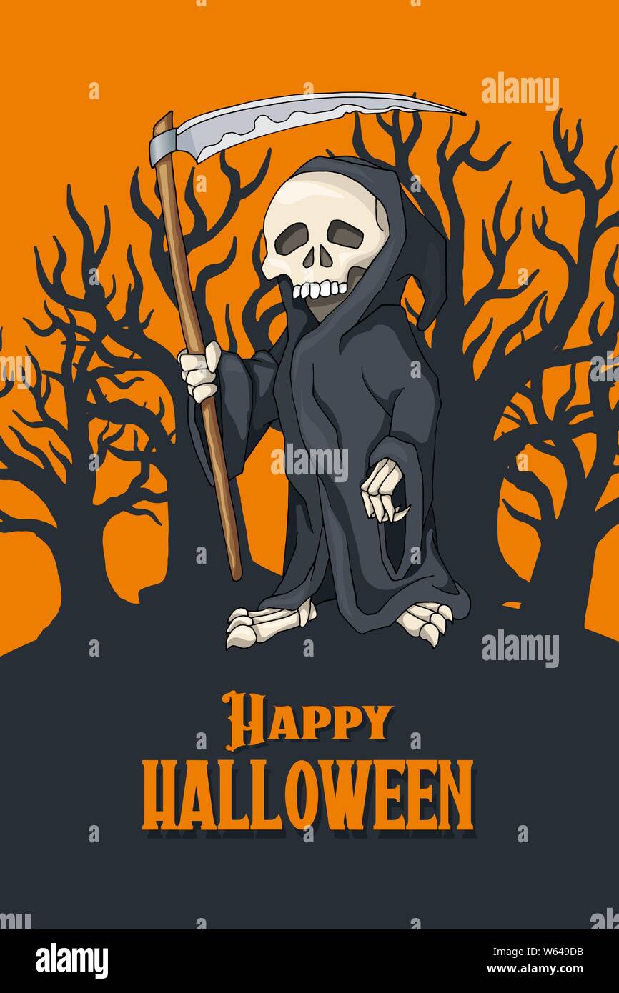 Happy Halloween carte postale. Personnage de squelette humain en robe noire debout avec une faux et symbole de mort. Colorful Vector Illustration Illustration de Vecteur