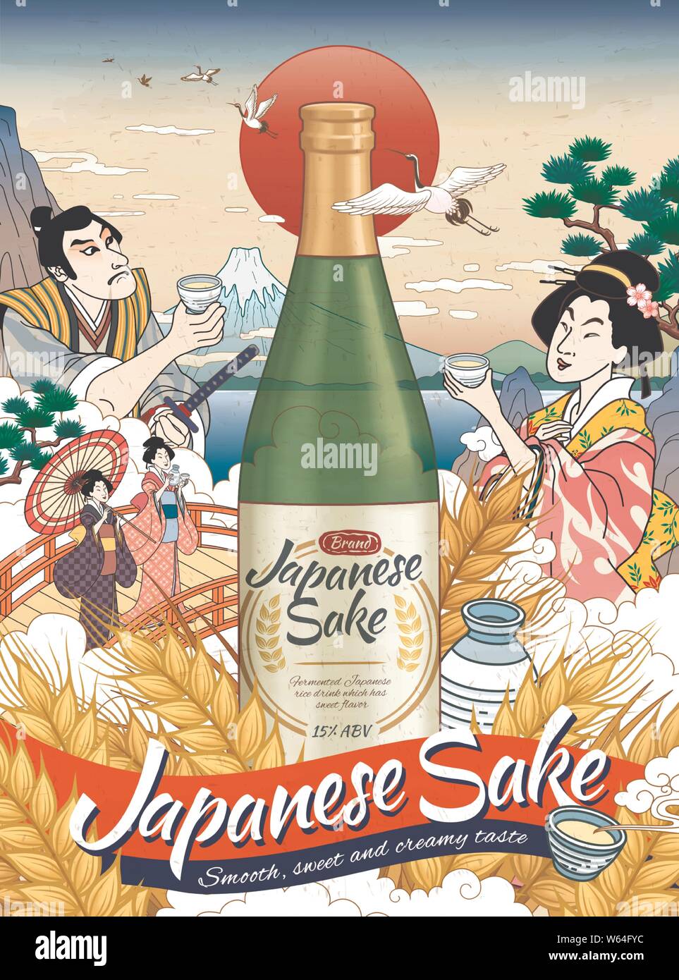 Le saké japonais style Ukiyo e annonces avec les personnes qui boivent du vin de riz Illustration de Vecteur