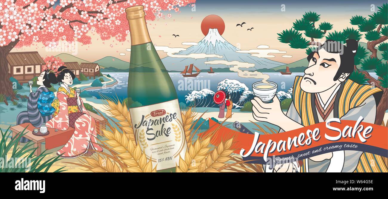 Le saké japonais style Ukiyo e annonces avec les personnes qui boivent du vin de riz Illustration de Vecteur