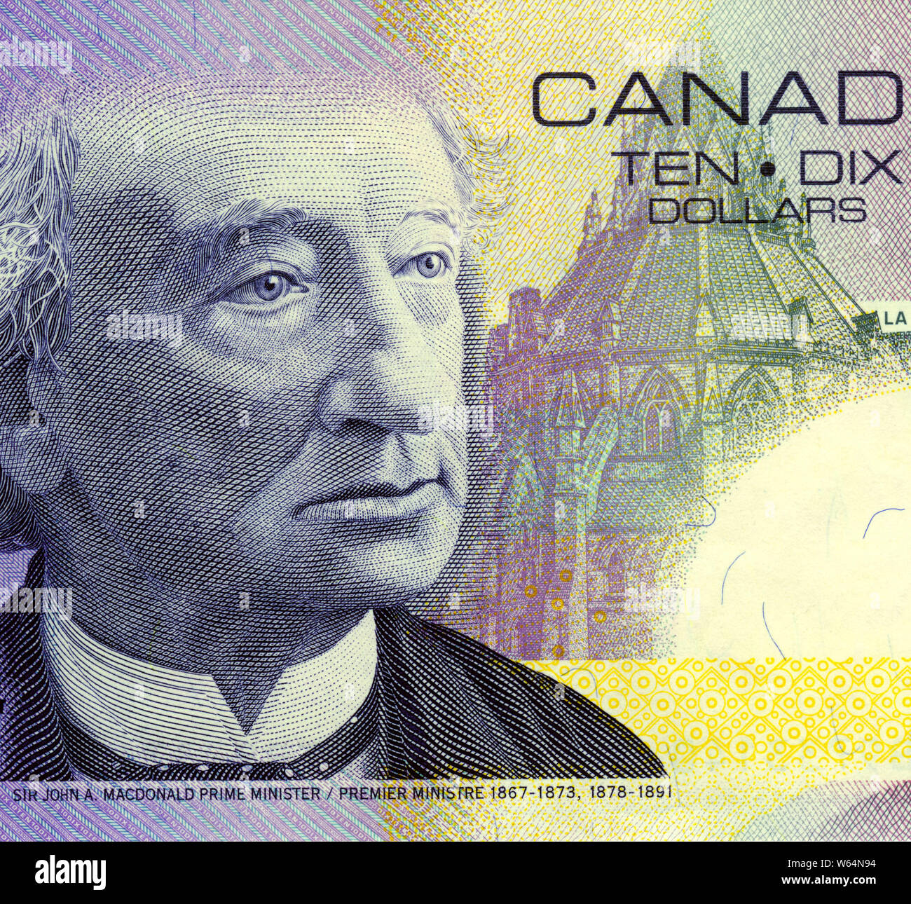 Portrait gravé de Sir John A. MacDonald, premier ministre du Canada en vedette sur leur dollar note 10 Banque D'Images
