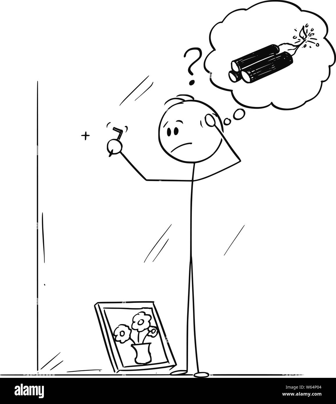 Vector cartoon stick figure dessin illustration conceptuelle de l'homme maladroit maladroit ou penser à des explosifs, en essayant de comprendre comment insérer un crochet pour tableau encadré. Illustration de Vecteur