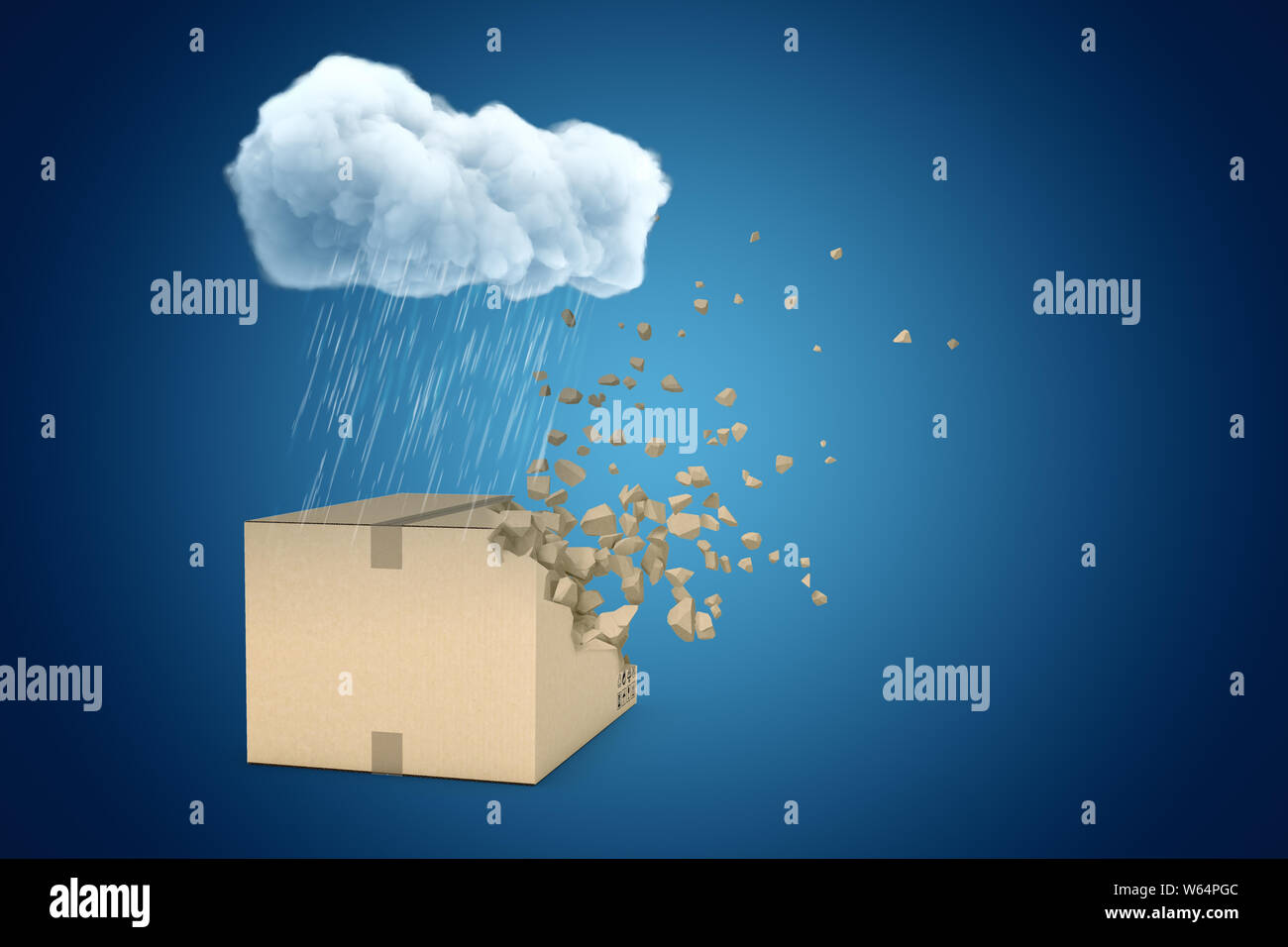 Le rendu 3D de la pluie au-dessus des nuages blancs boîte carton brisant en petits morceaux sur fond bleu Banque D'Images