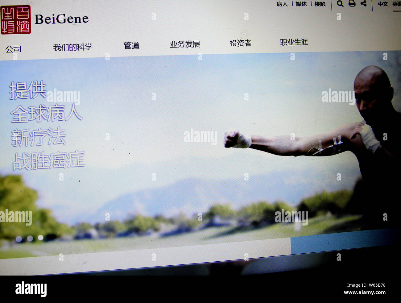 --FILE--un netizen chinois navigue sur le site web de cancer le fabricant de médicaments chinois dans BeiGene Huaibei ville, est de la Chine, la province de l'Anhui, le 8 août 2018. BeiG Banque D'Images