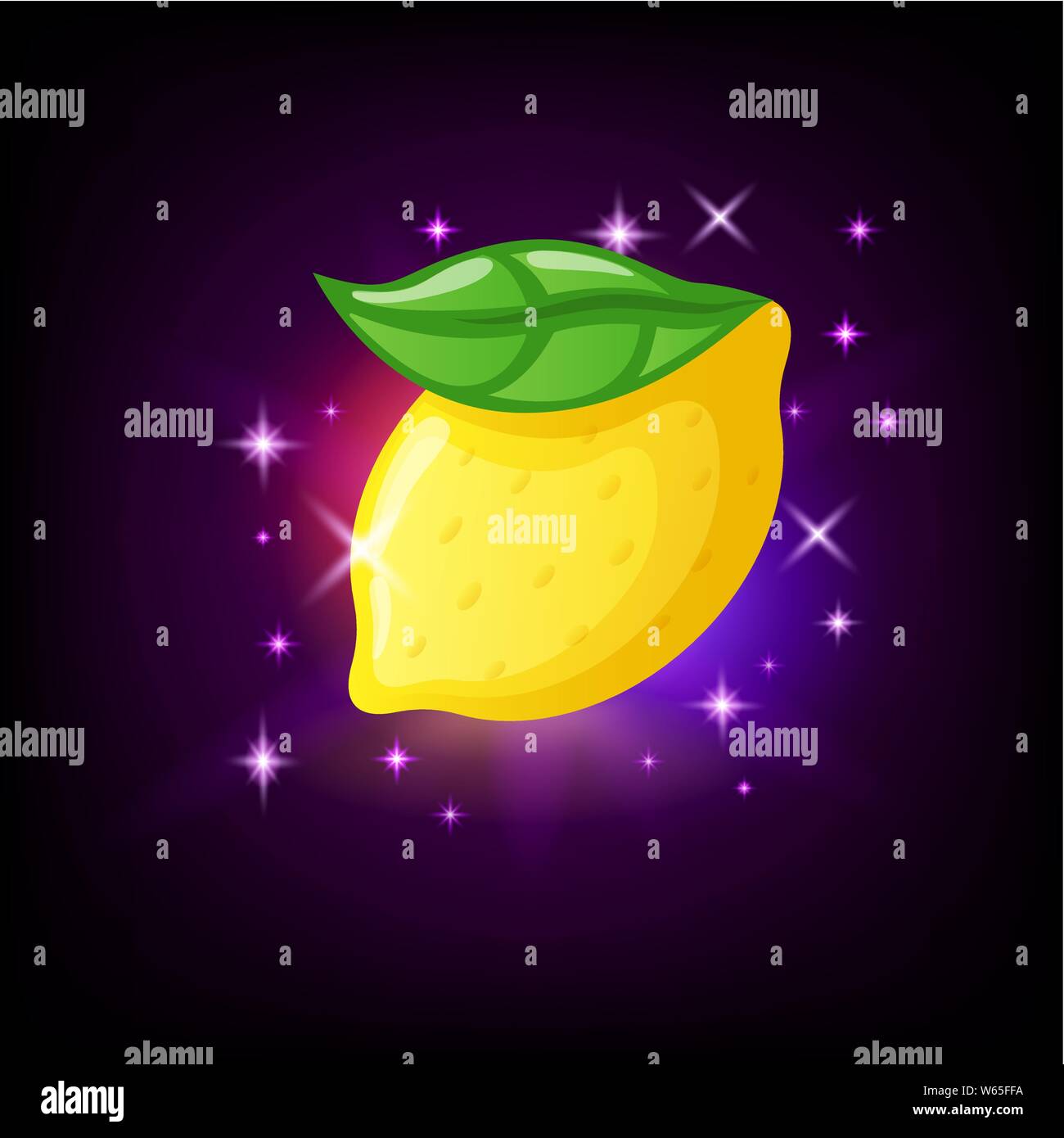 Citron jaune vif avec feuille verte, l'icône de l'emplacement pour le casino en ligne ou le logo pour téléphone portable de jeu sur fond violet foncé, vector illustration. Illustration de Vecteur
