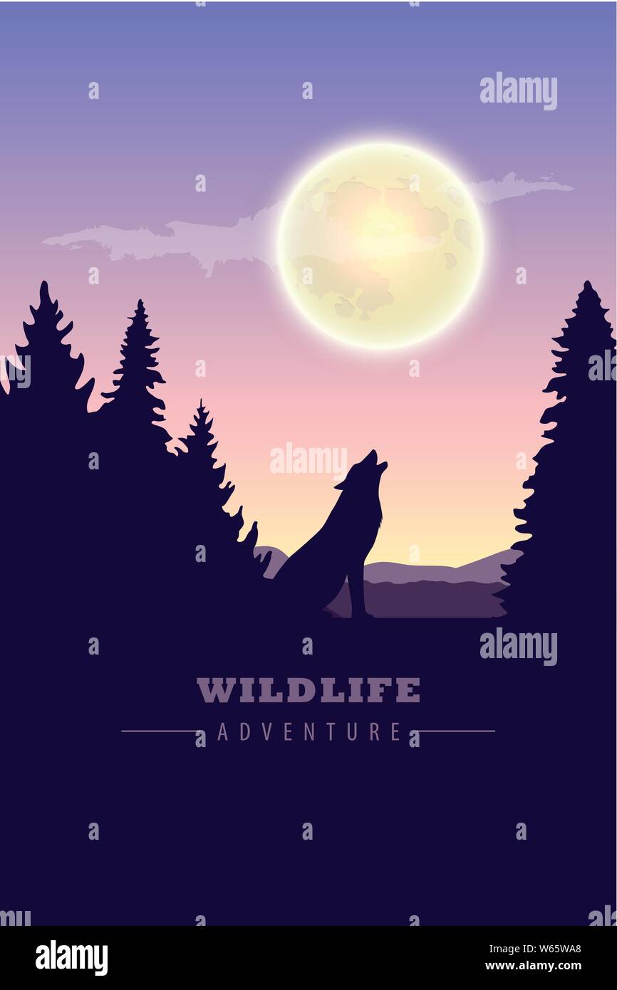 L'aventure de la faune sauvage dans le loup hurle à la pleine lune illustration vecteur EPS10 Illustration de Vecteur