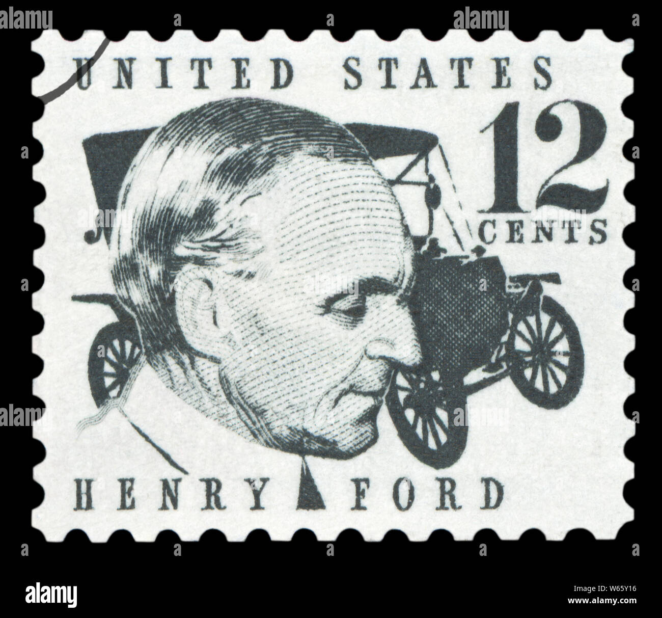 États-unis D'AMÉRIQUE - circa 1968 : timbre imprimé aux États-Unis montre Henry Ford (1863-1947) et car Ford Model T de 1909, vers 1968. Banque D'Images