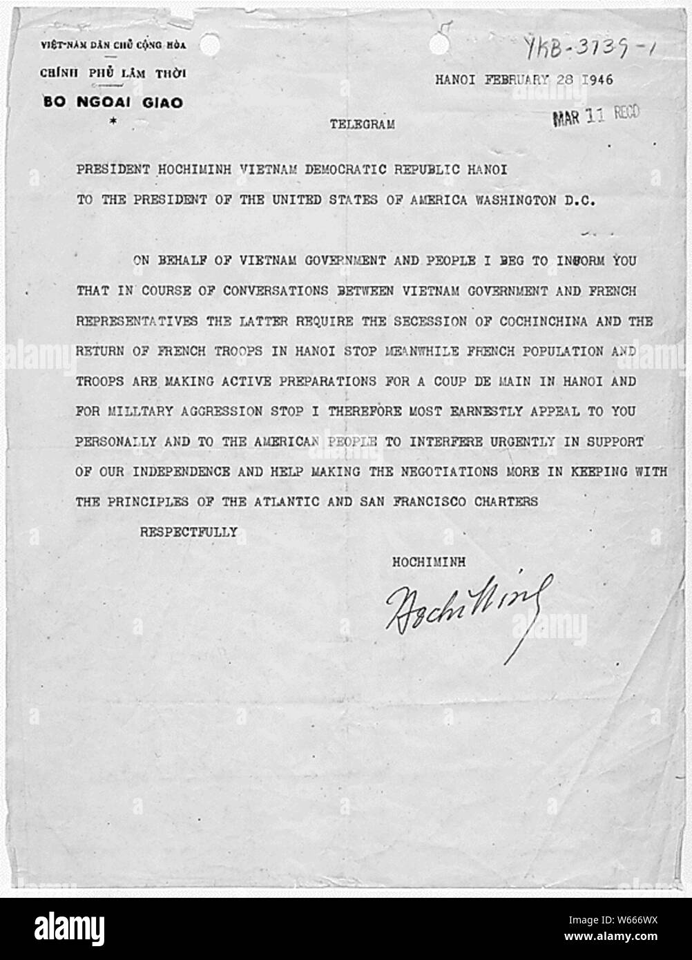 Télégramme Ho Chi Minh à Truman 1946 Banque D'Images